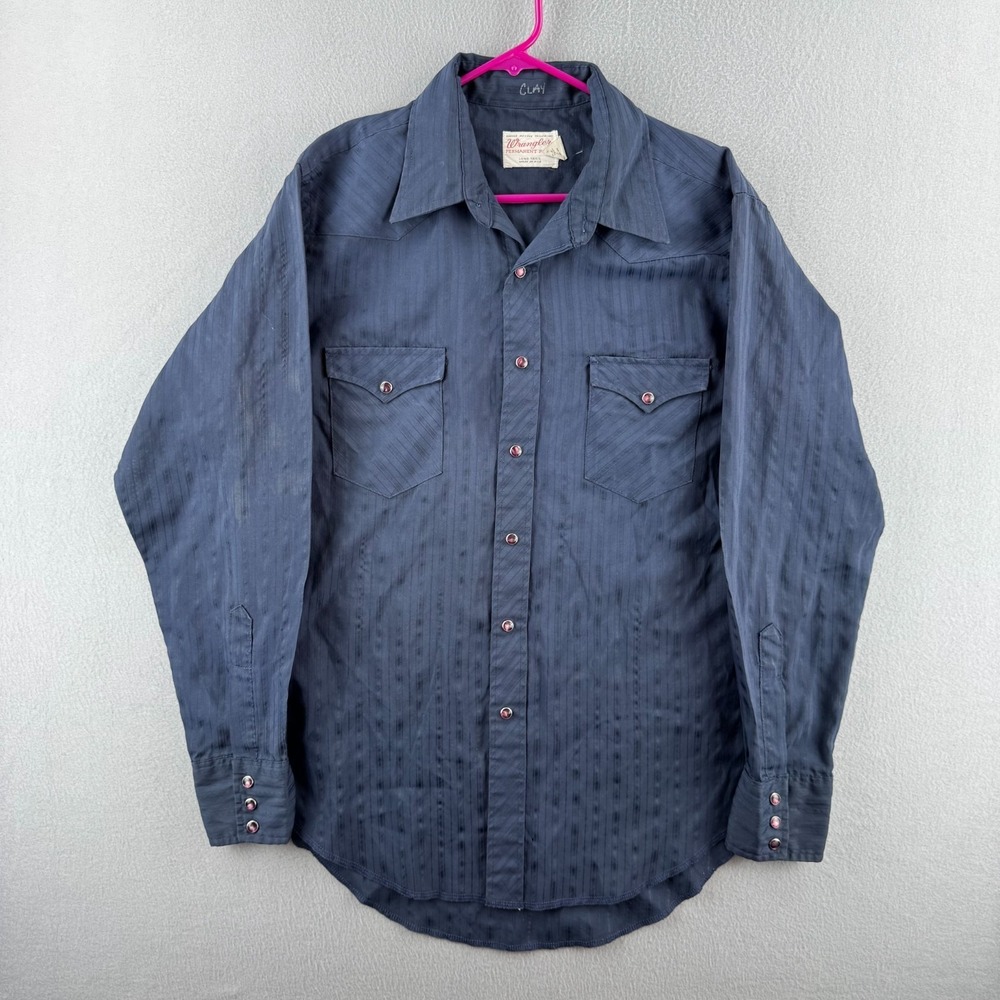 Vintage 70s Wrangler Shirt Mens 17 - 35 Blue Striped Pearl Snap Western USA